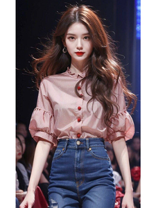 奥莱品牌新中式女春款国风衬衣超好看今年流行漂亮小衫水红色衬衫