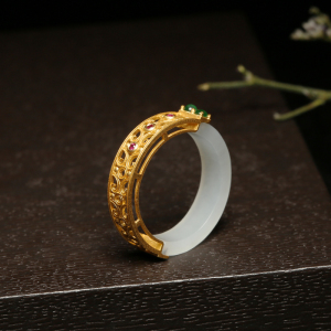 新疆和田玉18k金镶玉戒指正品玉石高端男女款中国风玉指环带证书