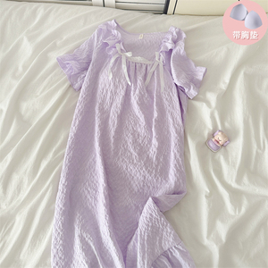 高级感紫色睡裙夏季女泡泡棉纱带胸垫短袖睡衣裙女士宽松家居服