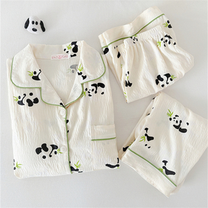 熊猫带胸垫睡衣女夏季纯棉短袖两三件套女士可爱防凸点家居服春秋