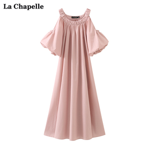 拉夏贝尔/La Chapelle露肩松紧短袖连衣裙女设计感简约中长裙夏季