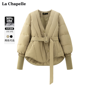 拉夏贝尔/La Chapelle针织拼接V领收腰羽绒服女加厚气质外套冬季