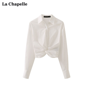 拉夏贝尔/La Chapelle翻领短款长袖衬衫女修身短款别致小衫衬衣春
