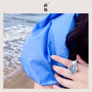 玹禧珠宝 泽鲛人泪蓝色空窗珐琅轻奢原创设计师海边度假戒指精品
