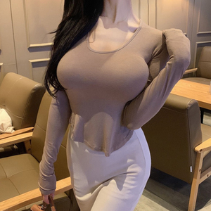 速发~韩国代购正品秋喜欢性感显胸大弧形下摆白色t恤女超级纯欲风