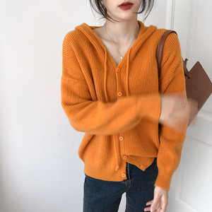 橘色连帽针织开衫女宽松韩系打底甜美温柔慵懒风毛衣外套秋冬外搭