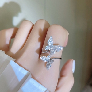 镀金14K双蝴蝶戒指女时尚个性设计小众高级感锆石开口食指不对称