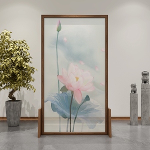 新中式屏风隔断客厅布艺玄关现代简约卧室遮挡家用实木禅意荷花