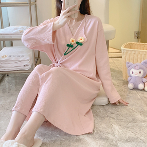 睡袍女春秋长袖浴袍纯棉2022年新款韩版甜美花朵粉色浴衣睡衣裙子
