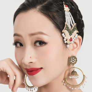 印度帕萨瑜伽新娘珍珠镶钻流苏发饰表演出舞台首饰度假头饰眉心坠