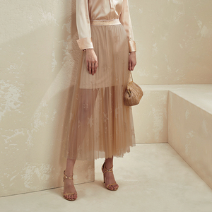 高系浅色半身裙新款洋气秋冬季纯色中长款蕾丝纱网a型百褶裙G2349