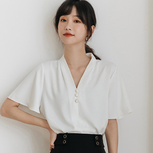 美丽穿名牌艺燕正品官方旗舰店2022新款女装短袖雪纺衬衫女衬衣