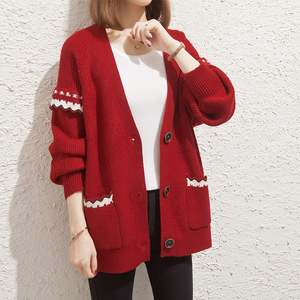 2021新款早秋红色针织衫开衫女春秋外搭毛衣外套短款宽松百搭外穿