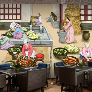 3d手绘韩国古代人物美食壁纸韩式料理泡菜餐厅特色烤肉火锅店墙纸