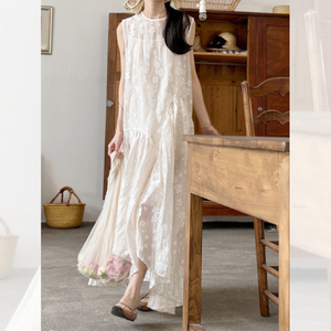 法式白色网纱无袖连衣裙女夏季2024新款海边度假森系超仙气长裙子