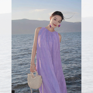 紫色雪纺无袖背心连衣裙女夏法式高级感超好看小众设计气质长裙子