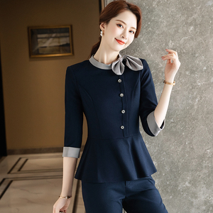高端蓝色蓝领中袖西装套装女2022秋季新款商务空姐酒店职业装西服