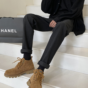 搭配马丁靴的裤子男秋冬加厚英伦雅痞男裤直筒毛呢西裤修身小脚