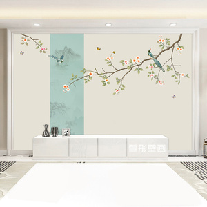 现代简约卧室床头背景墙壁画酒店宾馆无缝墙布新中式玉兰花鸟墙纸