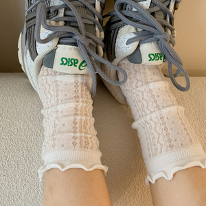 白色花边袜子女中筒袜夏季薄款纯棉蕾丝日系网眼透气夏天长堆堆袜