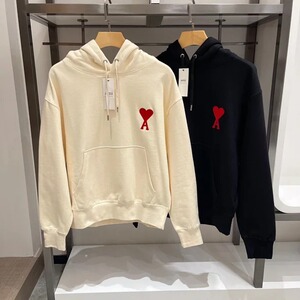 高版ami纯色红桃心爱心刺绣红桃a套头圆领懒风连帽卫衣外套帽衫