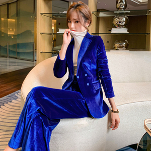 秋冬新款宝蓝色高端丝绒西装显瘦金丝绒西服阔腿长裤职业套装女