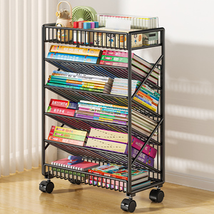 书架落地置物架一体靠墙可移动简易儿童书本桌带轮小铁艺收纳架子