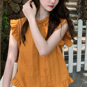 橘黄色圆领短袖女2024夏季新款设计感多巴胺小众褶皱宽松减龄上衣