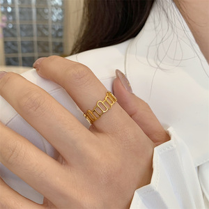 可水洗高档法国18K包金宽版镂空戒指镀金镶钻小众高级设计感戒指