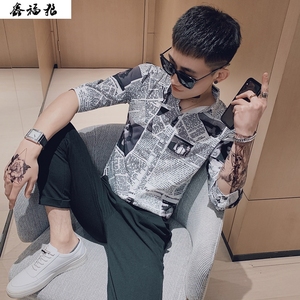 报纸款衬衣服装上衣印花衬衫男精神小伙社会修身纹身长袖花臂混混