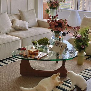 客厅家用法式中古野口勇玻璃茶几极简实木沙发边几小户型复古桌子