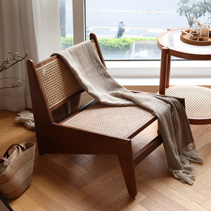 中古风实木单人沙发椅子日式阳台休闲藤椅设计师复古民宿袋鼠躺椅