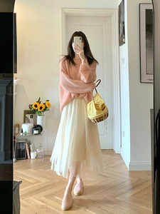 白色纱裙半身裙套装两件套女冬季秋冬裙子长裙半裙冬裙冬天配毛衣