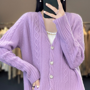 春季针织外套女大v领100%纯羊毛针织开衫女提花工艺气质毛衣外套