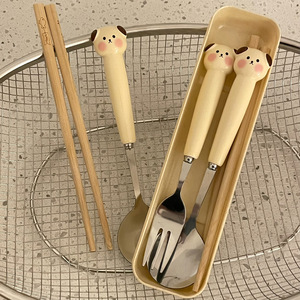 可爱陶瓷柄勺子叉子家用儿童学生筷子不锈钢套装餐具卡通便携食堂