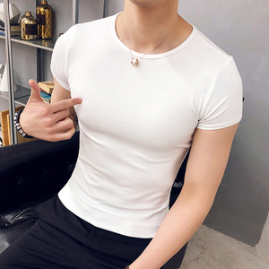 夏季新款运动紧身弹力短袖t恤纯色打底衫潮流韩版修身社会小伙男