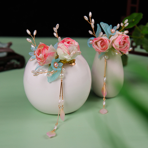 儿童古风绢花发夹仙气月季花对夹女童仿真花流苏可爱花朵表演头饰