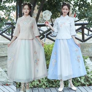 中国风蓝色汉服女2022年春季中式气质学生清新超仙刺绣两件套装裙