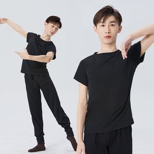舞蹈服男艺考形体练功服夏季黑色短袖上衣学生宽松训练现代舞服装