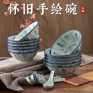 经典怀旧陶瓷手绘碗餐具葵斗碗汤碗民国饭碗汤勺筷碟套家用送礼