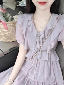 大码茶歇法式泡泡袖雪纺连衣裙女夏季胖mm高级感收腰显瘦紫色长裙