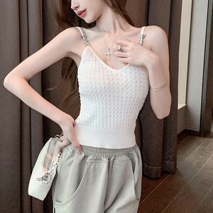 港风抹胸内搭外穿简约针织上衣百搭短款性感镶钻字母v领小吊带女