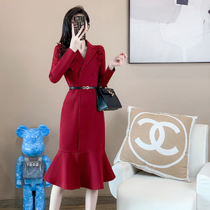 富家千金秋冬季连衣裙2022新款女装气质收腰加厚红色鱼尾礼服长裙