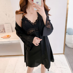 黑色冰丝绸睡衣女春夏性感蕾丝吊带胸垫睡裙睡袍两件套大码可外穿