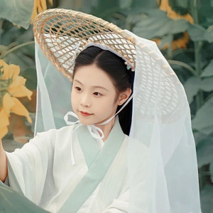 日本购汉服古风帽子斗笠带纱男女侠客古装配饰儿童摄影道具竹编帽