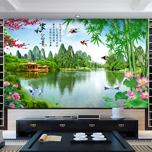 3d中式客厅电视背景墙壁画无缝竹子荷花山水风景画8d立体影视墙布