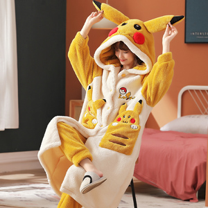 睡衣女秋冬季珊瑚绒2021新款加厚法兰绒长款可爱皮卡丘家居服套装