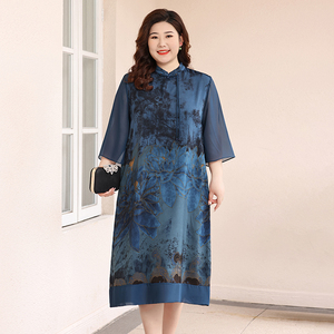 大码女装连衣裙新中式国风雪纺假两件气质年轻妈妈夏季中袖连身裙