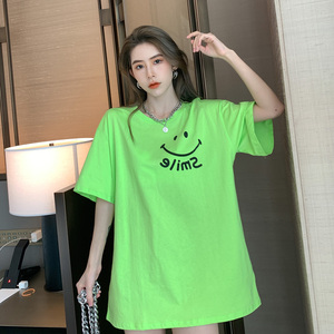 荧光绿大版韩系短袖t恤女中长款百搭下衣失踪ins超火网红笑脸上衣