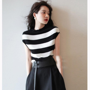 黑白条纹短袖t恤女2022夏季新款外穿宽松圆领体恤薄款针织衫上衣